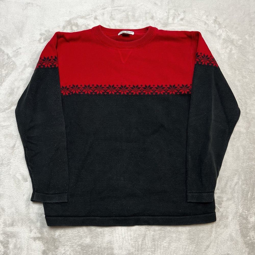 VTG Eddie Bauer Snowflake Sweater Womens Size M Pullover Red Black Color Block